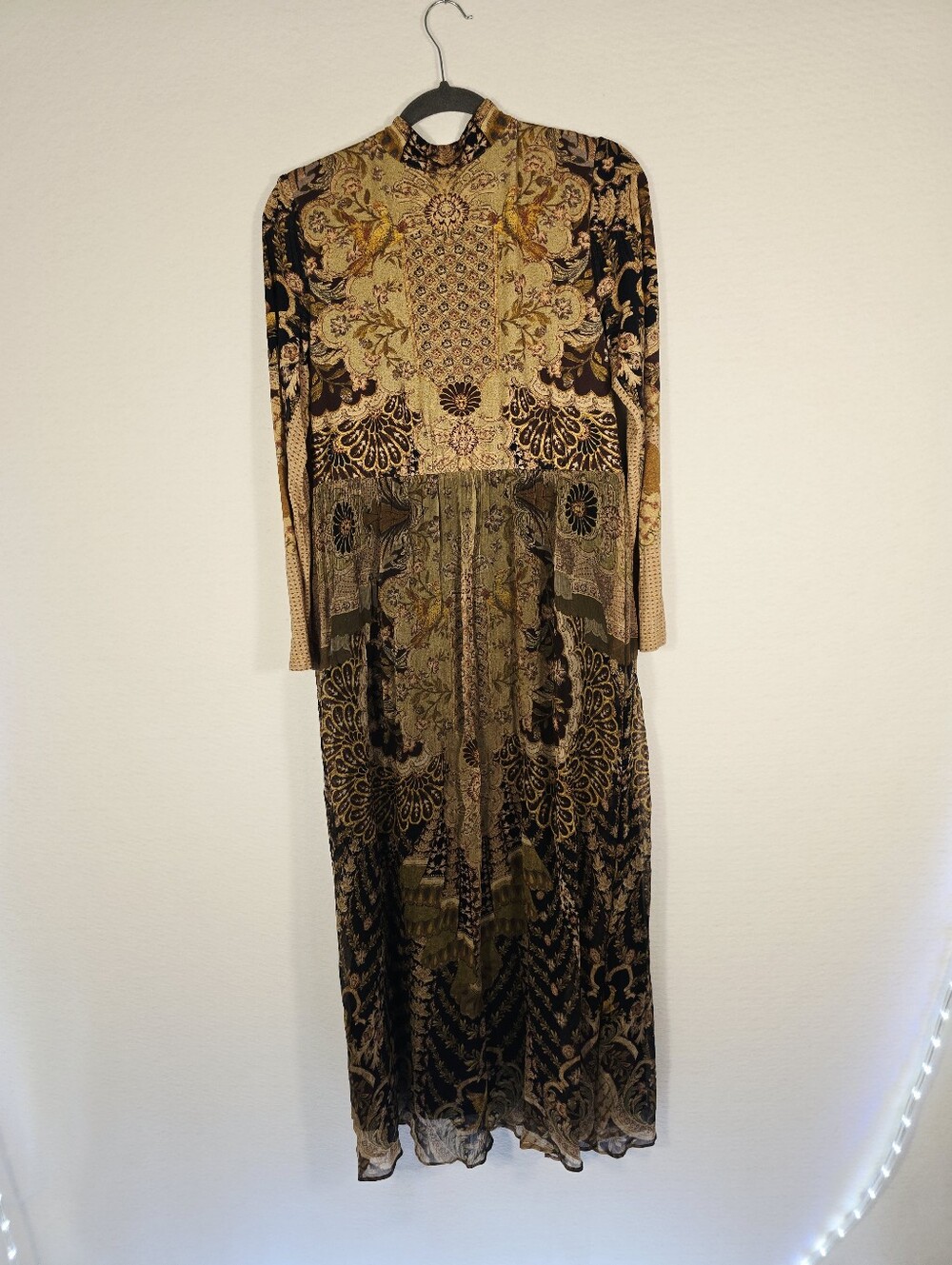 Soft Surrounding Fall Stretchy Gold Olive Baroque Lined Maxi Dress. Ladies 8 - Picture 2 of 15